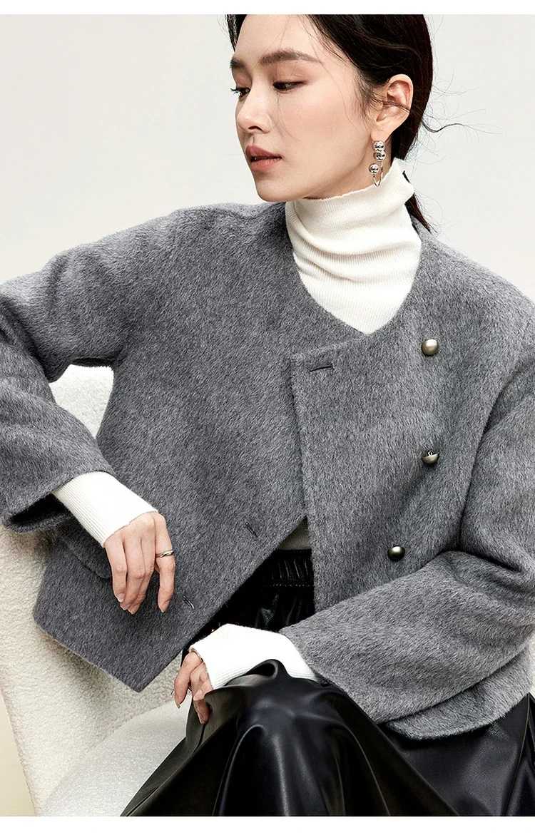 

SENTUBILA Elegant Short Wool Coat Women 2024 Winter Fashion Crew Neck Irregular Single Breasted Female Warm Overcoat W44O56008