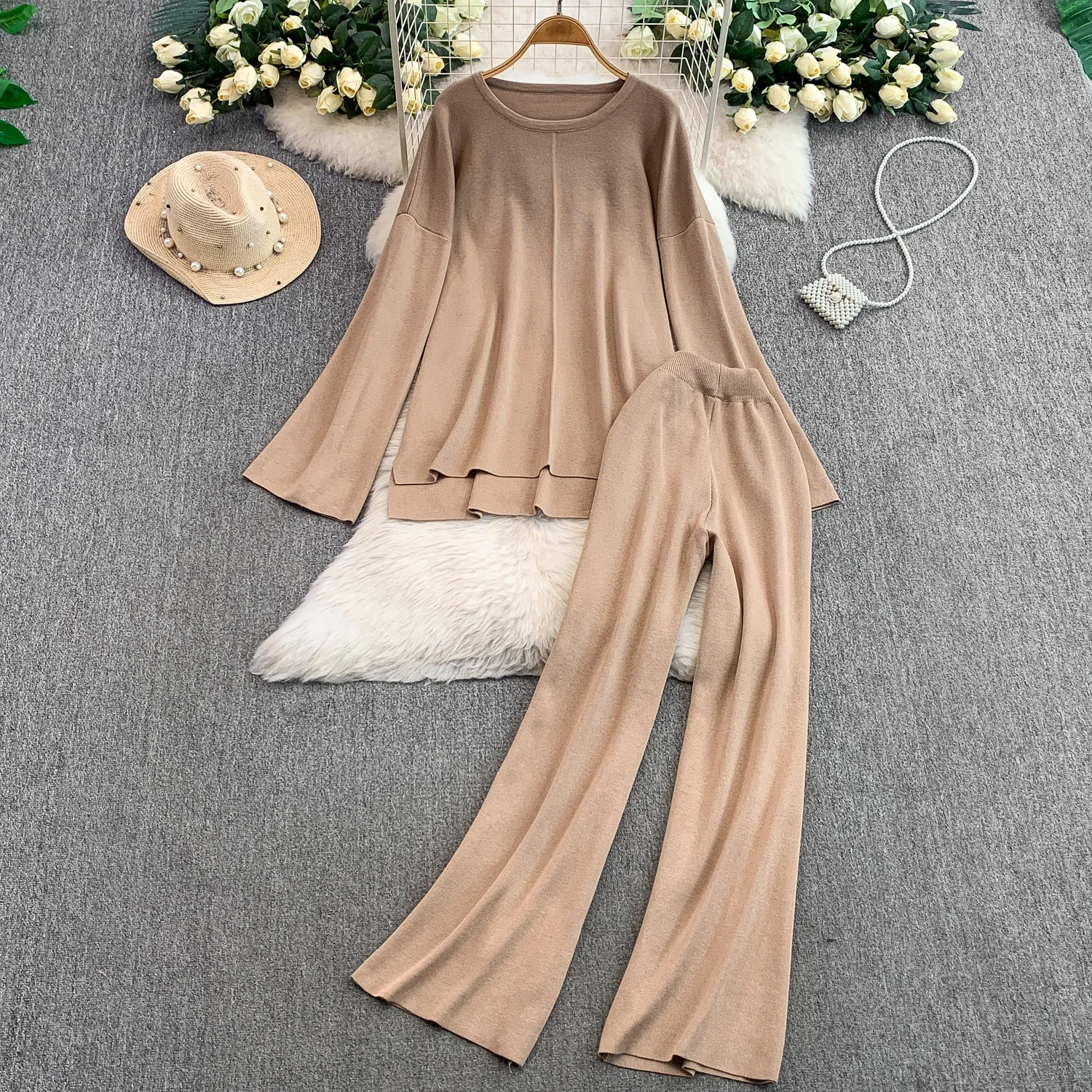 

SuperAen, осенняя новая однотонная свободная футболка с расклешенными рукавами, повседневные широкие брюки с высокой талией, комплект из двух предметов