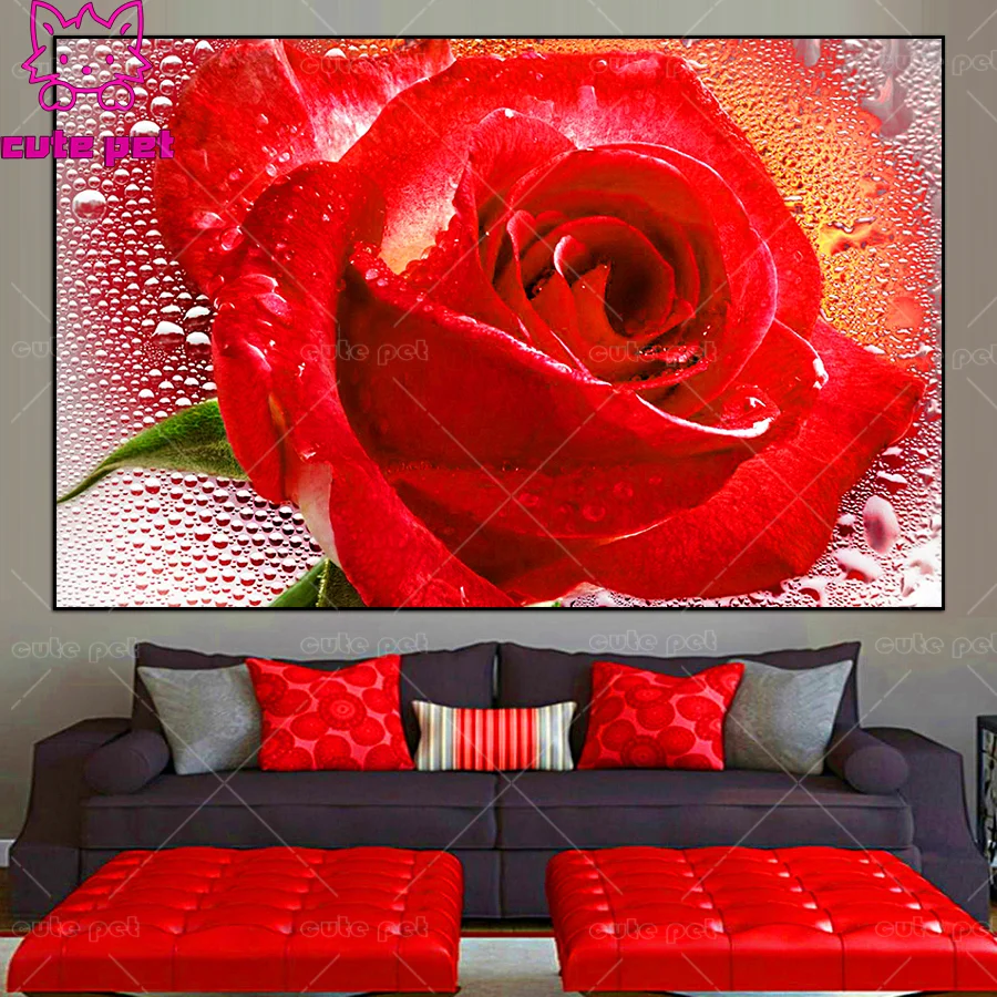 Full Square round drill Red rose flower with water drops Diy diamond painting crossStitch Diamond 5D Embroidery mosaic Art decor