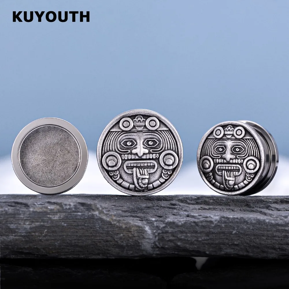 KUYOUTH Newest Stainless Steel Maya Totem Ear Expanders Screw Plugs Tunnels Earring Gauges Body Piercing Jewelry Stretchers 2PCS