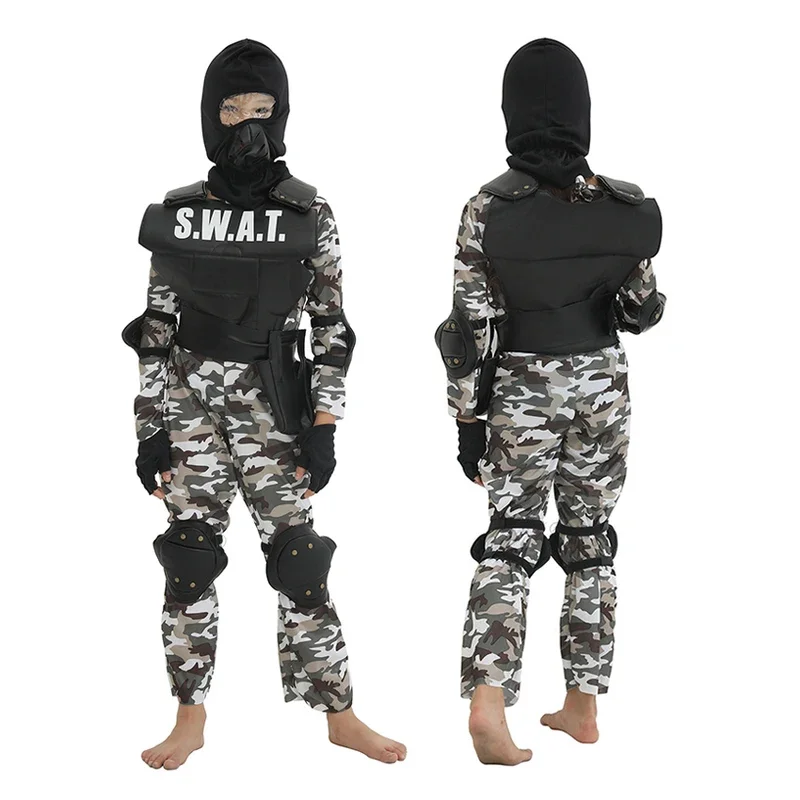 Specia Force Swat Police Uniform Bulletproof Vest Outfits Counter-Terrorism Cosplay Halloween Costumes Kids Fancy Dress Carnival