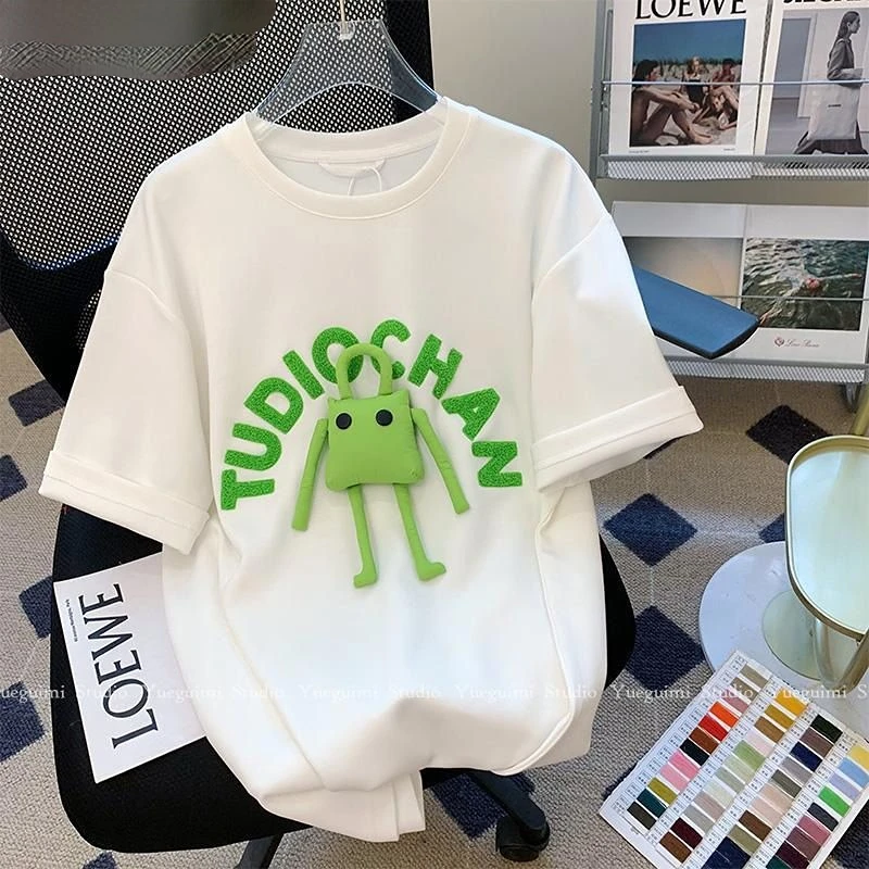 

Summer 100% Cotton White Small Doll T-shirt Women Loose Design Sense Niche Alphabet Embroidery Short Sleeve Top 2023 New