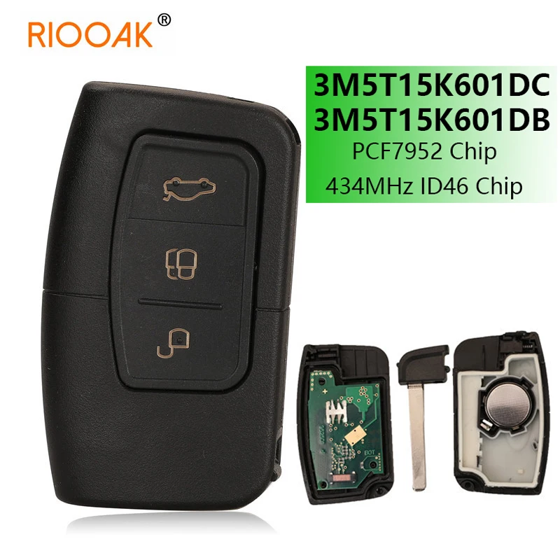 

4 Buttton Remote Car Key Fob 434Mhz ID46 PCF7952 Chip For Ford C-Max Focus MK2 Kuga Mondeo Galaxy HU101 Blade 3M5T15K601DB/DC