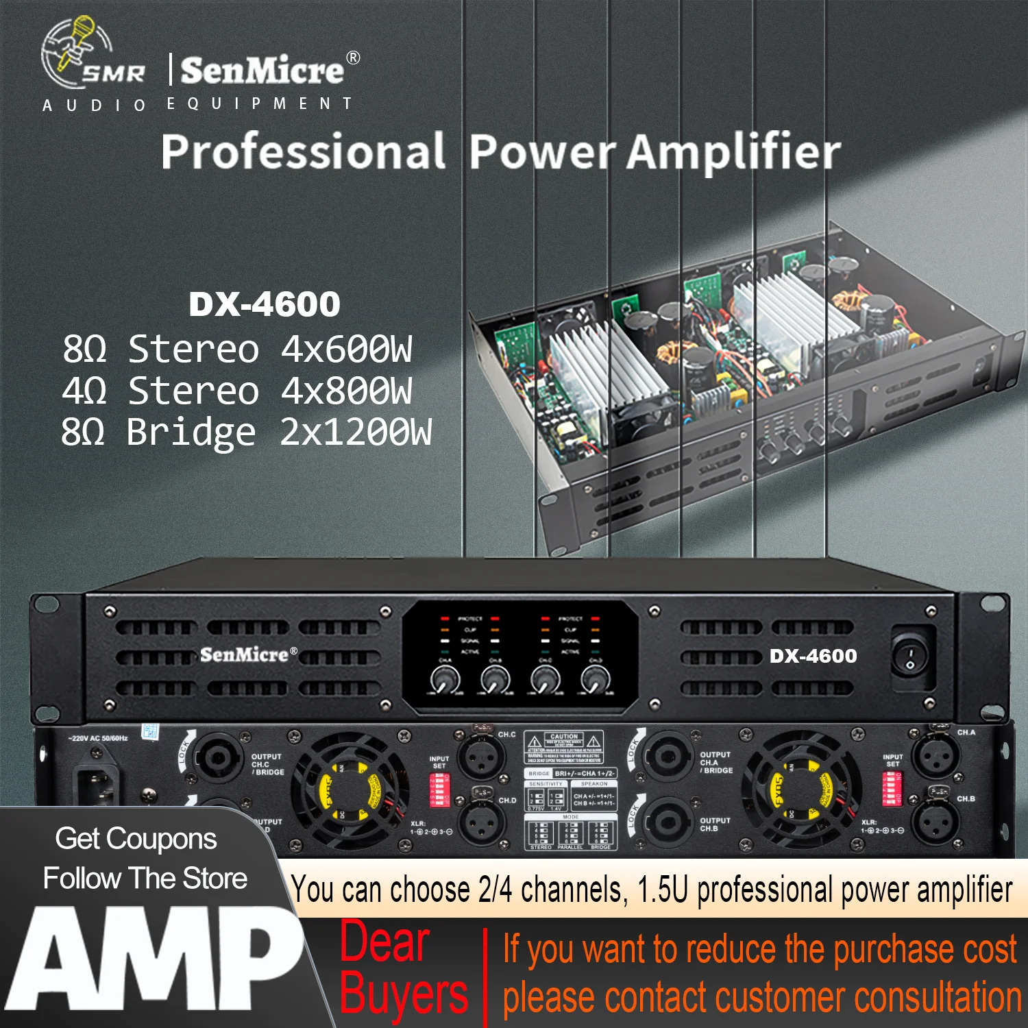 SenMicre DX4600 4X600W 8OHM Amplificador de potência profissional 2/4 canais de áudio DJ Subwoofer AMP Line Array Amplificador de alto-falante Classe D Pré-amplificador de som 4x800W 4OHM Equipamento de áudio KTV