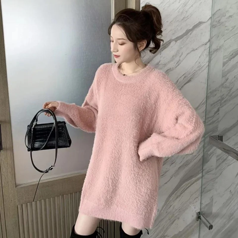 Pulôveres femininos de imitação de pele de vison estilo preguiçoso plus size outono e inverno jumpers grosso médio chique longo em torno do pescoço suéteres