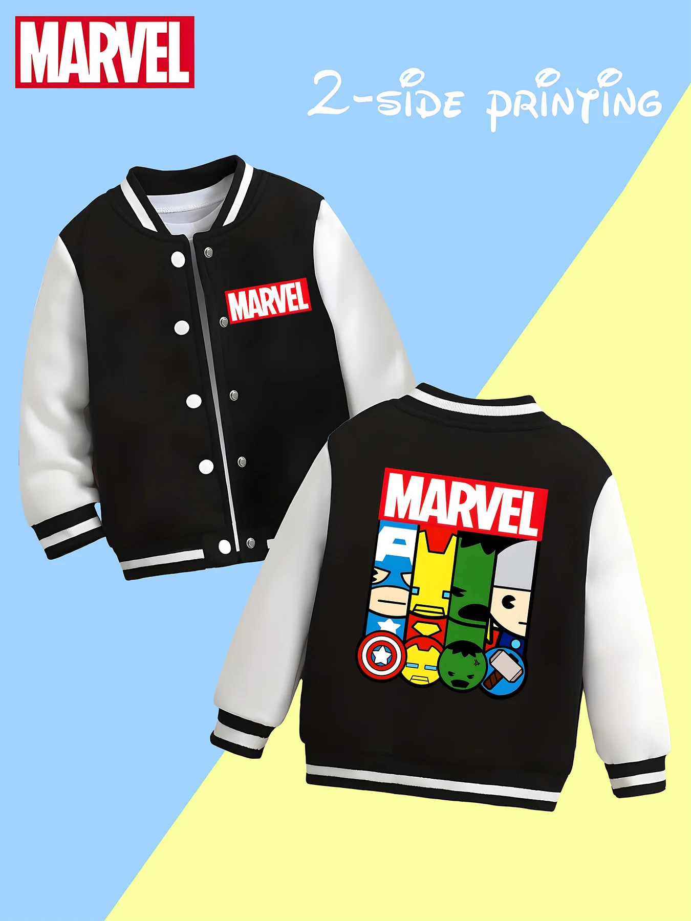 

MINISO Marvel Boys Baseball Jacket - Avengers Hero Print, Double-sided Pattern Design, Soft and Comfortable Fabric, Fashionable