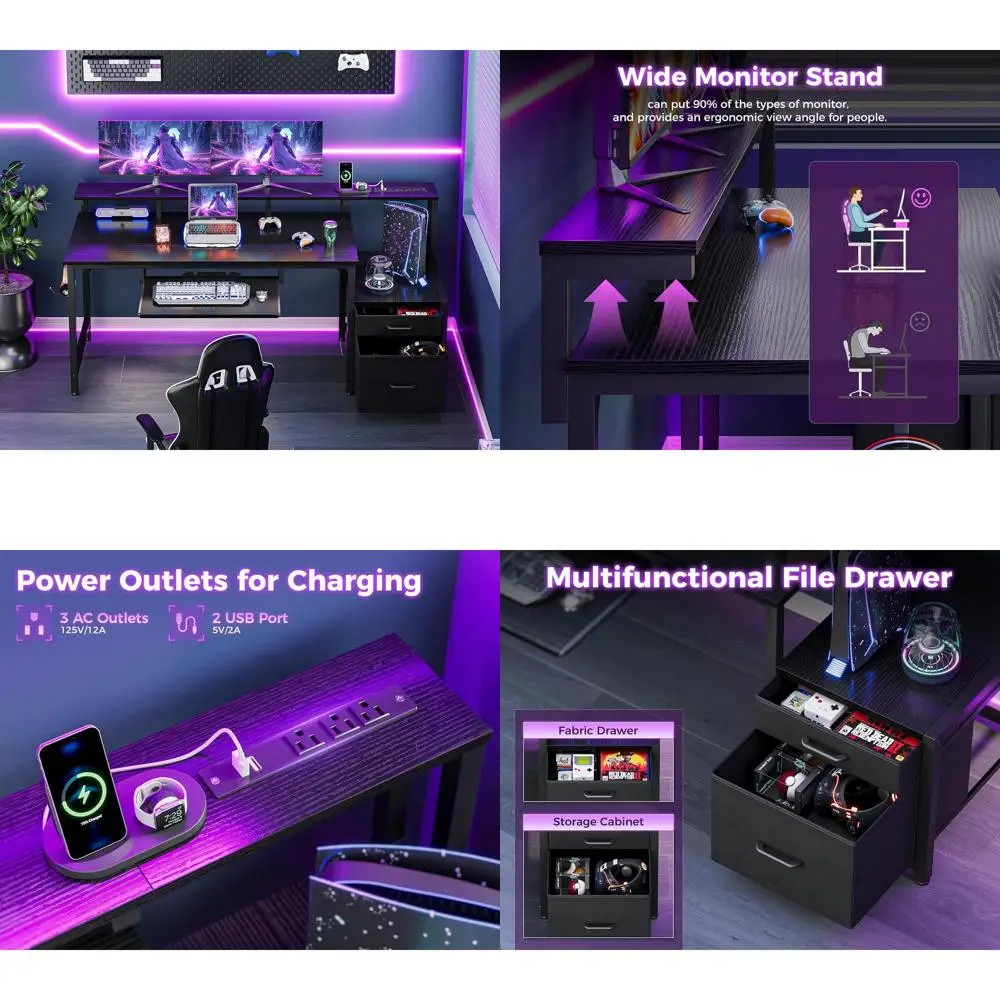 

63, черный стол для домашнего офиса с выдвижными ящиками, подставкой для клавиатуры, полкой для принтера, картотечным шкафом и розеткой