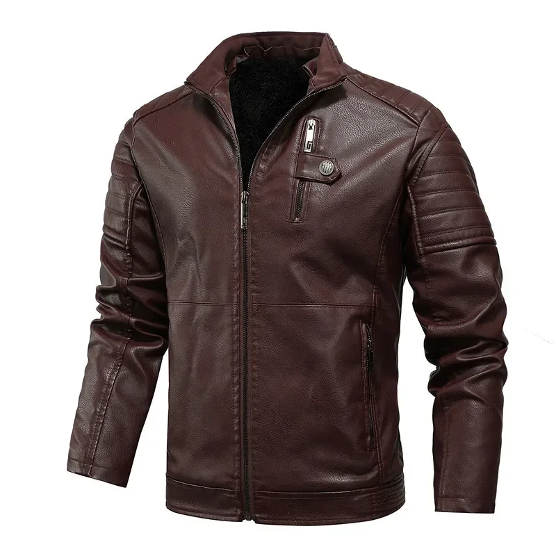 Chaquetas de cuero de lana para hombre, abrigo grueso y cálido de cuero PU, cuello de pie, talla 5XL