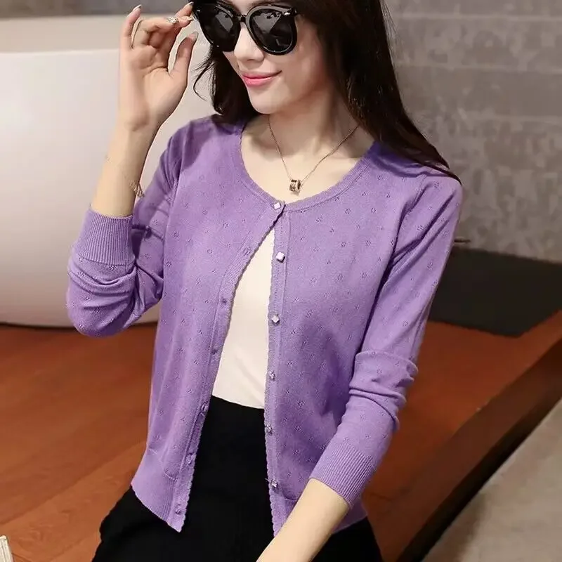 2024 spring summer the new film han edition of low round neck long sleeve knit pure color loose cardigan candy