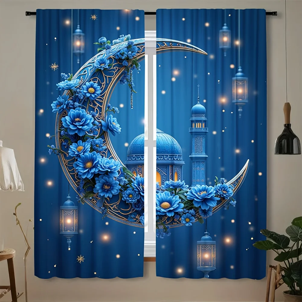 

Исламская штора с узором «Луна и мечеть», синий цветочный рисунок, для спальни и гостиной, декоративная, светонепроницаемая, термоизоляционная ткань