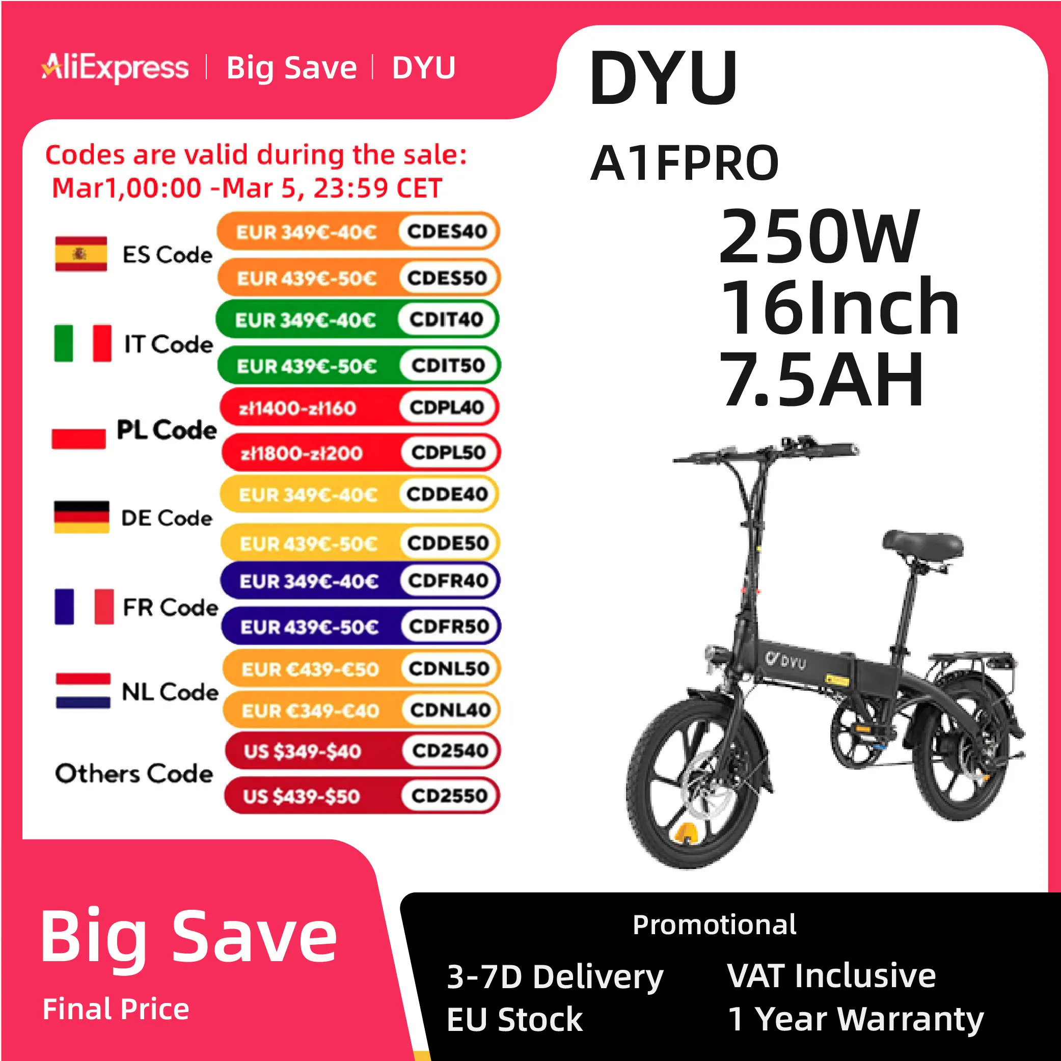 DYU A1F Pro E-bike Folding 250W Brushless Motor 36V7.5AH Lithium Battery Electric Bicycle Adult 16 Inch Tire Mini Electric Bike