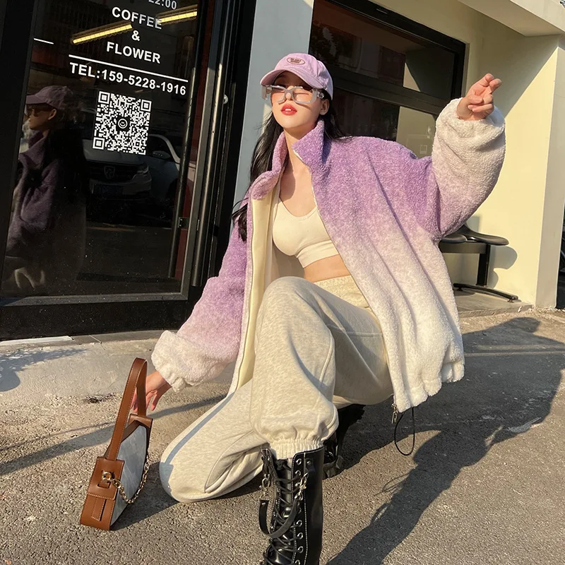 

Stand Collar Zipper Cardigan Women Fashion Slim Fur Spliced Draw String Pockets Loose Lamb Wool Fur Outerwear High Street