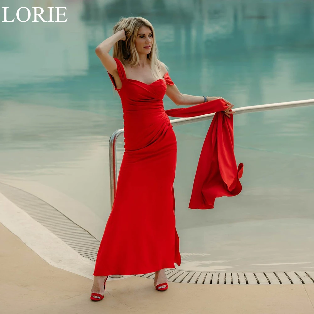 LORIE Elegant Red Satin Bridesmaid Dresses Off Shoulder Mermaid Side Slit Draped Wedding Party Prom Gown Ankle Length Customized