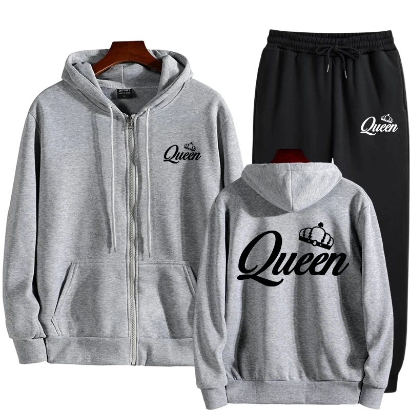 

Crown King Queen Printed Men's Fashion Sports Set Zipper Hoodie and Pants 2-piece Set Oversized Hoodie Sports Casual Zipper Set
