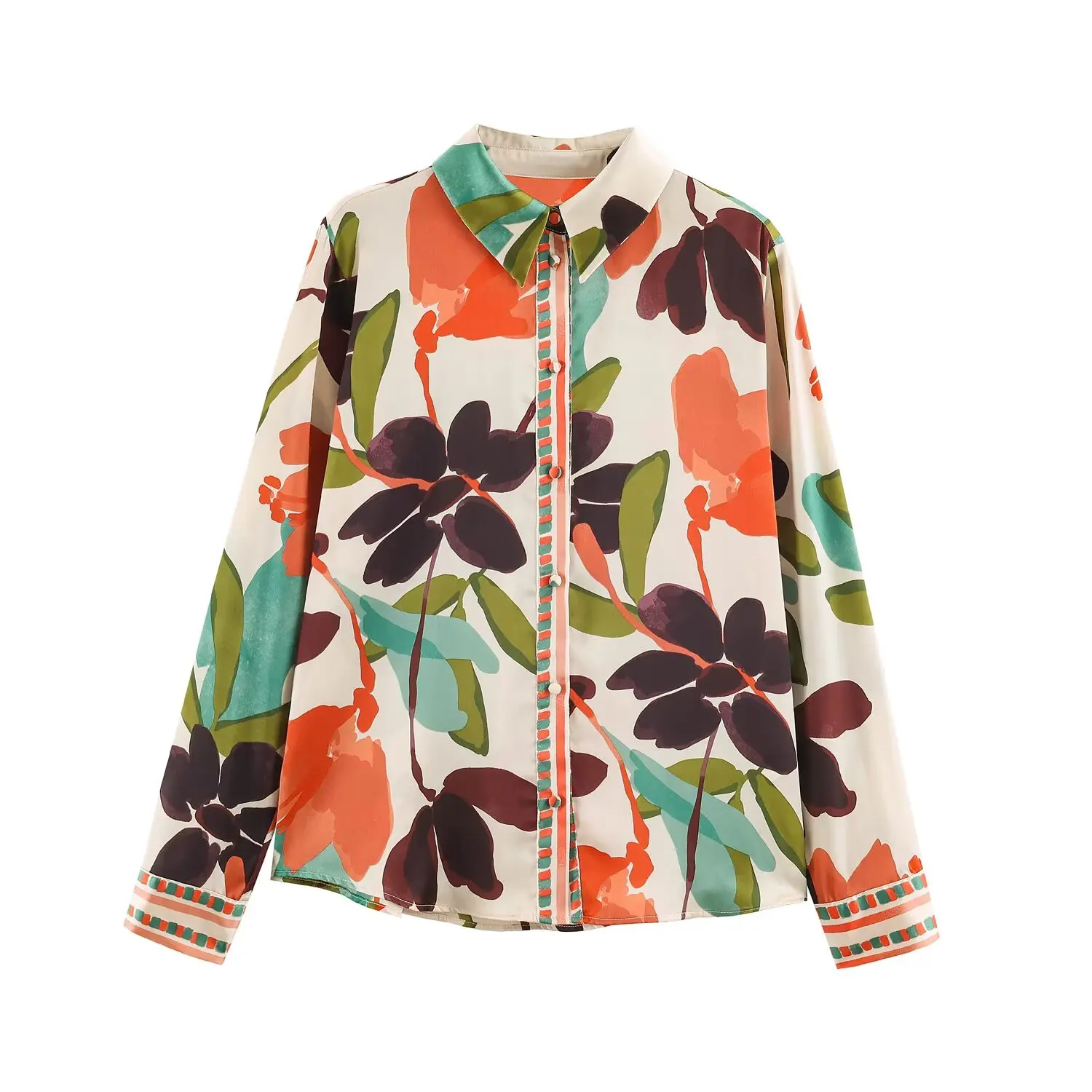 Women Vintage Floral Print Satin Shirt 2026 Autumn Lapel Long Sleeve Button Down Blouse Bohemian Office Casual Loose Tops
