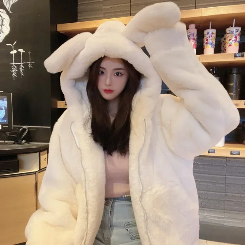 Snowmans Same Rex Rabbit Fur Eco-friendly Fur Thickened Plush Coat for Women with Cute Ears Hooded Coat Mid-length