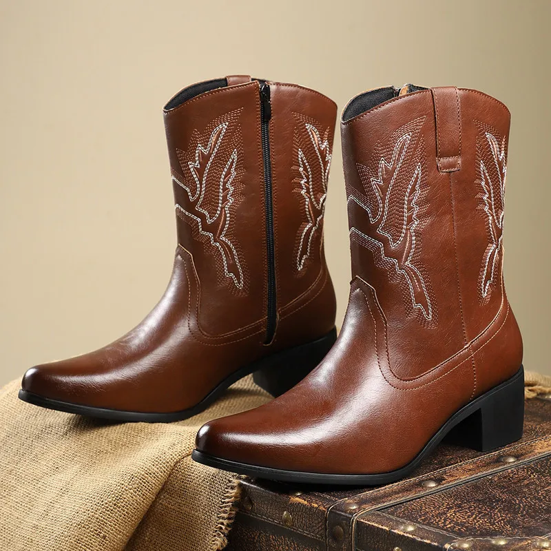 2026 Men Classic Retro Western Cowboy Boots Mens High Top Fashion Embroidery Mid-Calf Boot Heightened Casual Shoes for Men Shoes