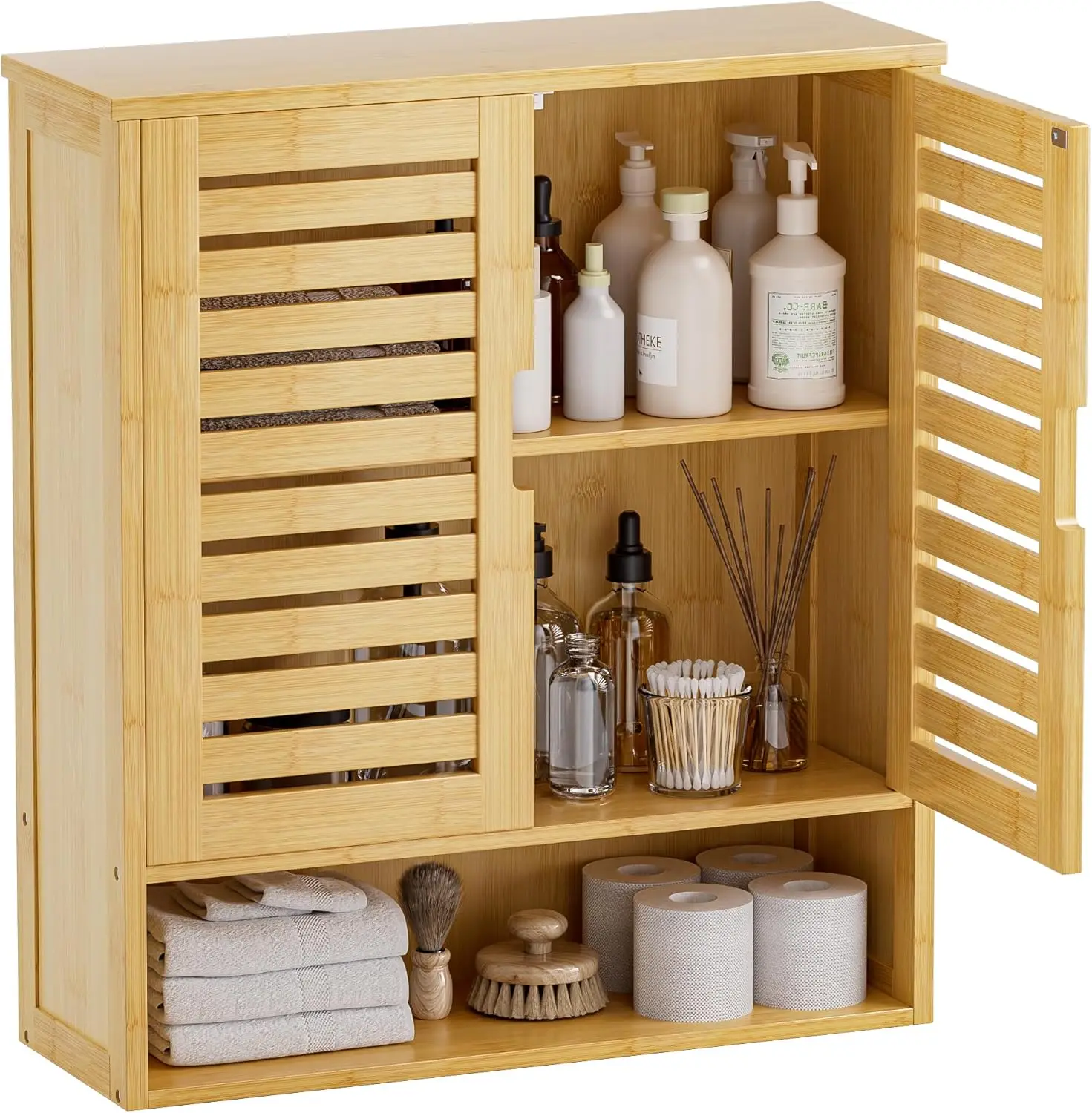 

Bathroom Cabinet Wall Mounted, Bamboo Over-The-Toilet Storage Organizer, Space Saver Cabinet with 2 Door and Adjustable Shelves