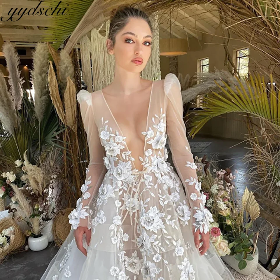 Sexy Boho Spitze Applikationen 3d Blumen tiefen V-Ausschnitt eine Linie Brautkleider rücken freie Gerichts zug Tüll Brautkleider für Frauen