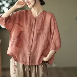 Cotton Linen Shirts for Women Solid Vintage V-neck Loose Half Sleeve Casual Korean Fashion Single Breasted Blouse Women Tops