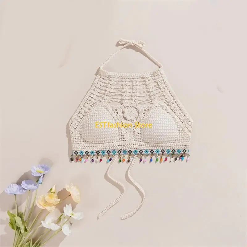 Y5GC Womens Hollowout Crochet Halterneck Backless Camisole Vest Bralette Embroidery Beach Bra Crop Top with Tassels