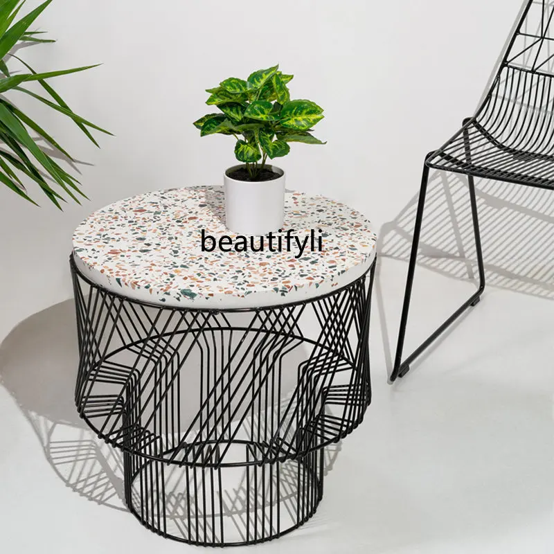 Nordic Metal round Side Table Small Apartment B & B Balcony Storage Small Coffee Table Terrazzo Leisure Side Table