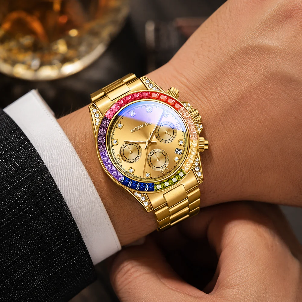 Smartwatch Slim Watches For Men - นาฬิกาข้อมือผู้ชาย MOBWOL, นาฬิกาควอตซ์แฟชั่นตัวเรือนสแตนเลสสตีลบางเฉียบ หน้าปัดฝังเพชร เรืองแสง กันน้ำ