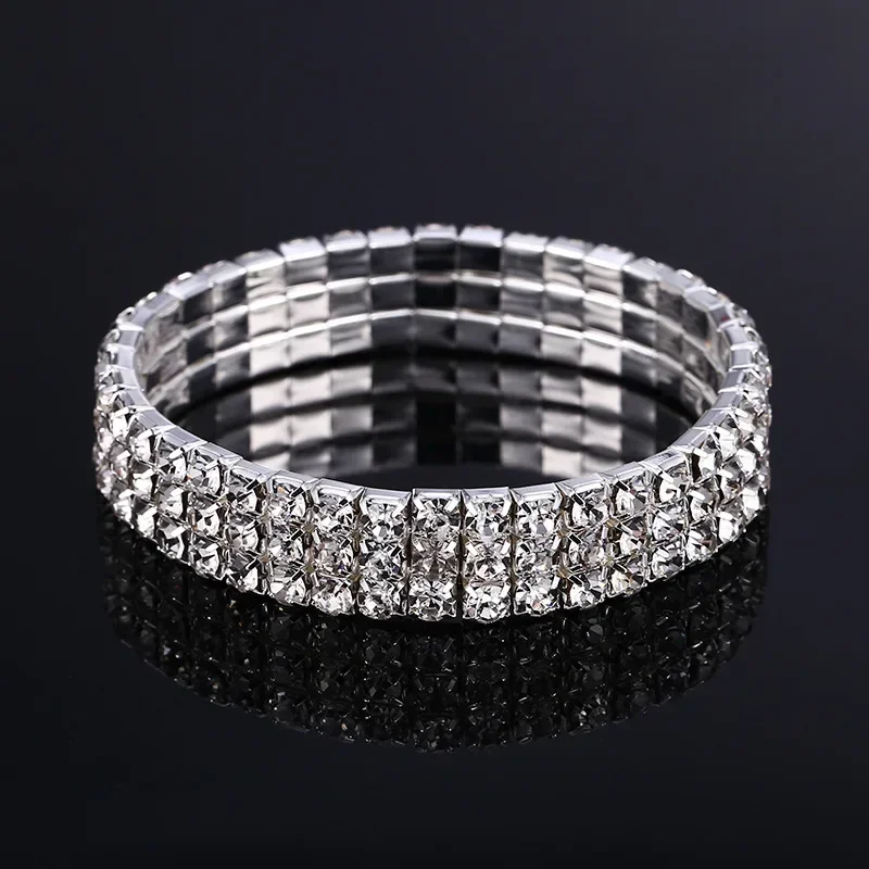 Three Row Elastic Bracelet Simple Temperament Crystal Bride Pulseira Bling Bangle for Women Men Jewelry Wedding Christmas Gift