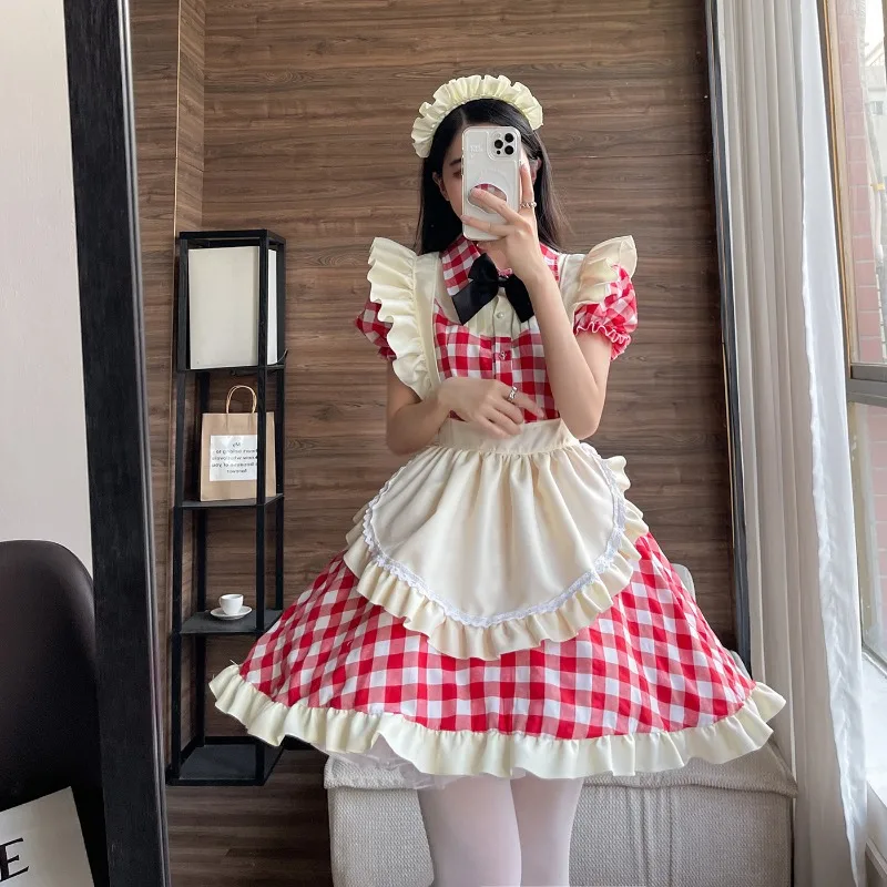 

Japanese Cute Wind Lolita Maid Outfit Sexy Cosplay Maid Uniform Dress Black and Red Grid Plus Size Play Costumes Dresses
