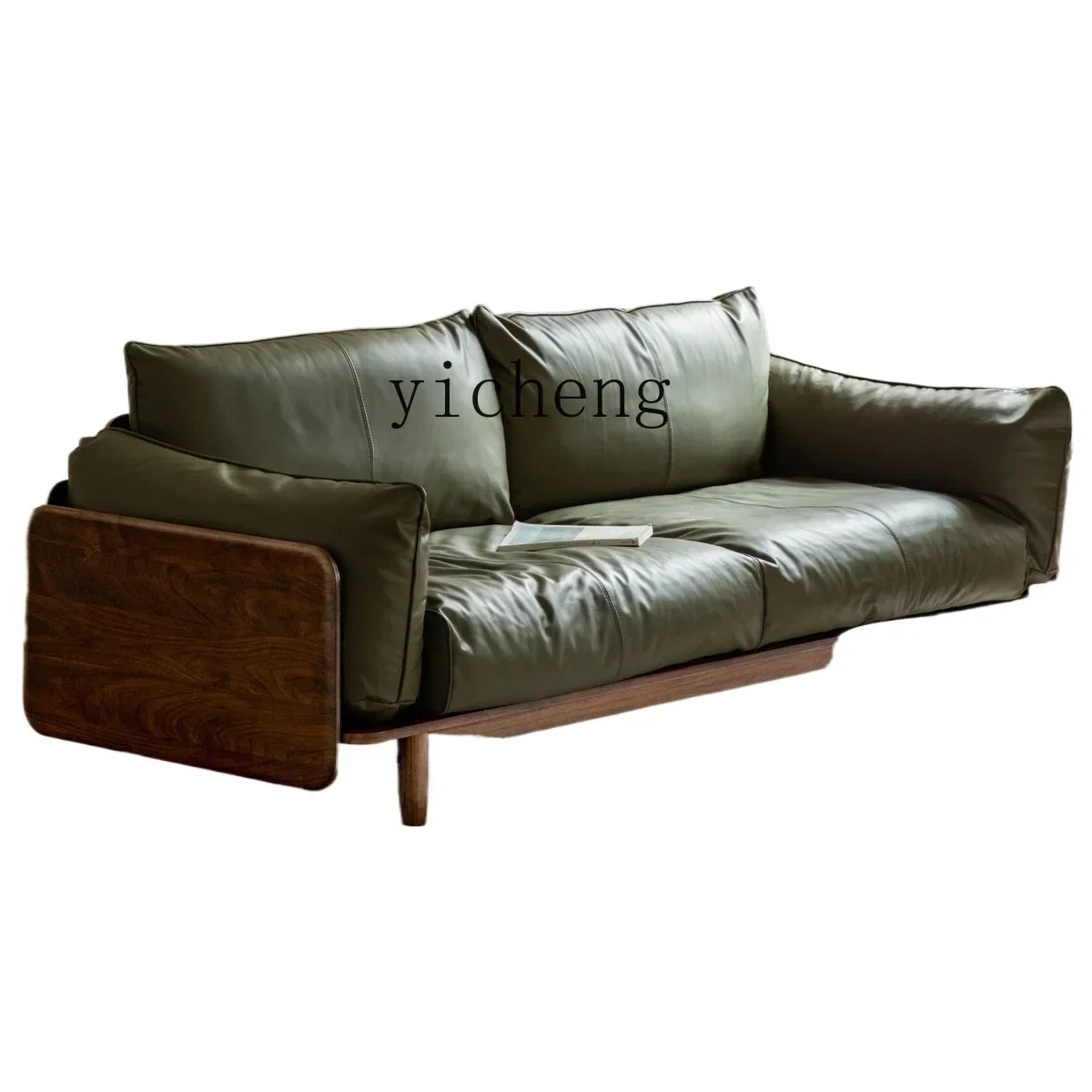 

TQH Log Retro Style Solid Wood Straight Row Sofa New Chinese Small Apartment Living Room Leather Sofa