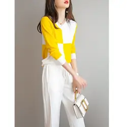 Spring and Autumn Women's 2024 New Splicing V-neck Contrast Color Fashion Loose and Versatile Casual Long Sleeve Knitted Tops