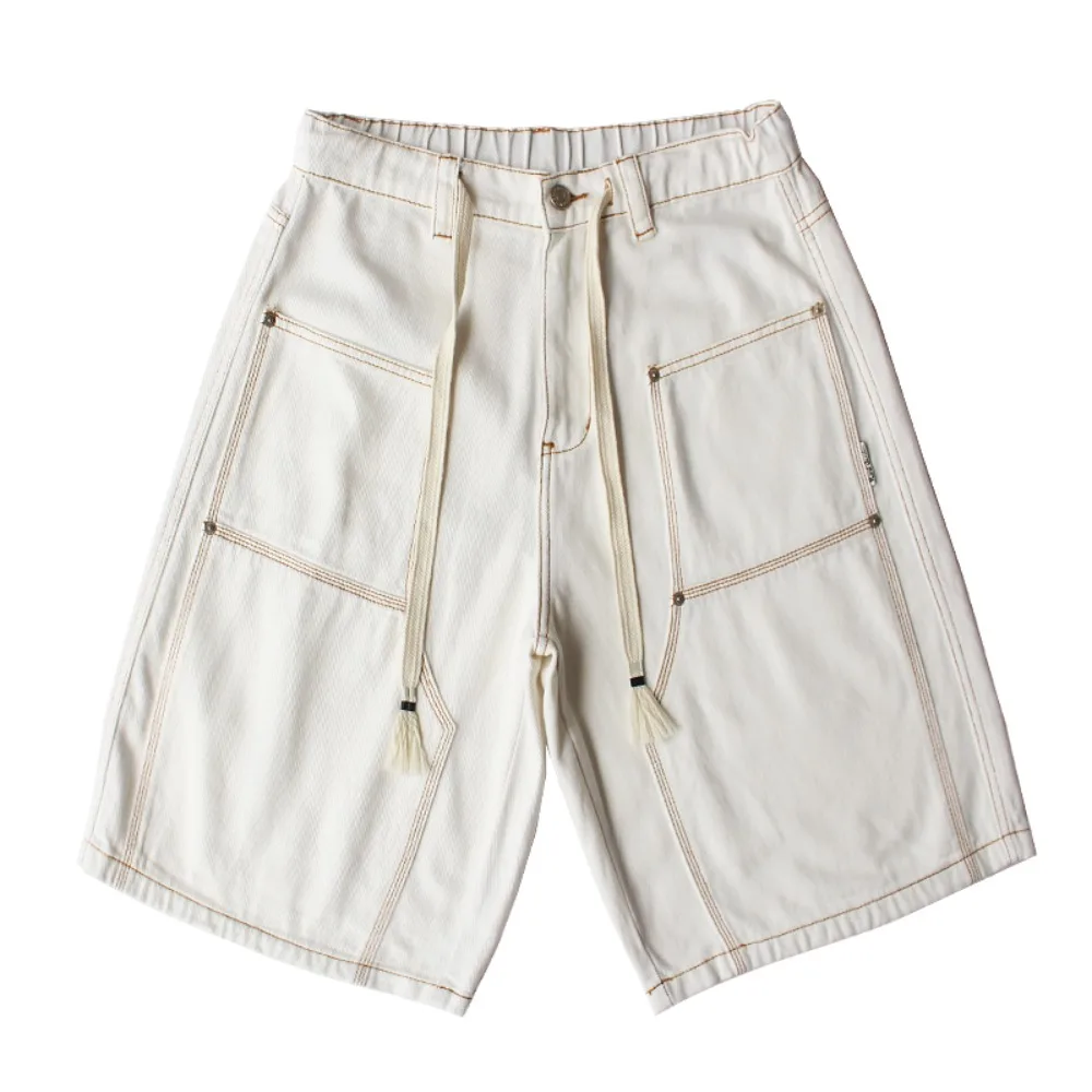 الرجعية القطن الخالص غسلها المرقعة الدنيم منتصف طول السراويل للرجال الصيف الثقيلة حك فضفاض الدينيم كابري السراويل