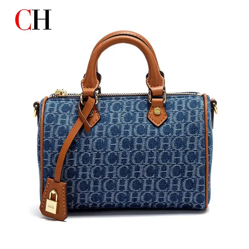 CH Vintage Denim Boston Bag for Women Luxury Designer Print Handbag Contrast Color Handle Shoulder Crossbody Bag Commuter Tote