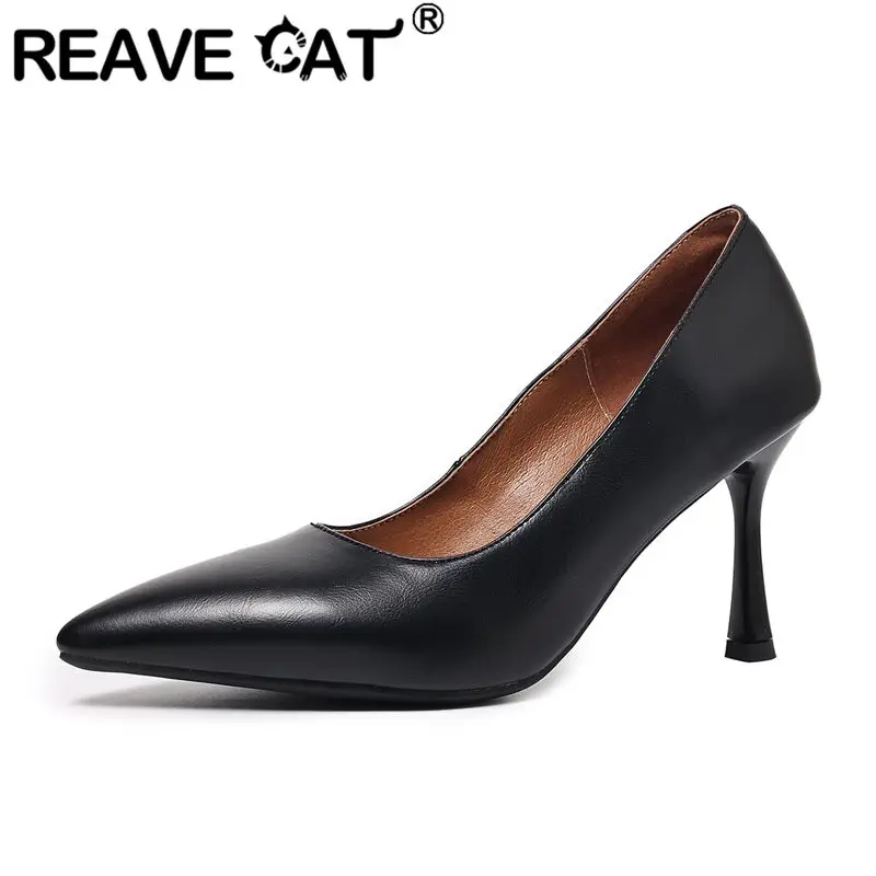 REAVE CAT Brown Office Lady Pumps Pointed Toe 8cm Stiletto Heel Slip On Sexy Dating Wedding Shoes Handmade Plus Size 42 43 44 45