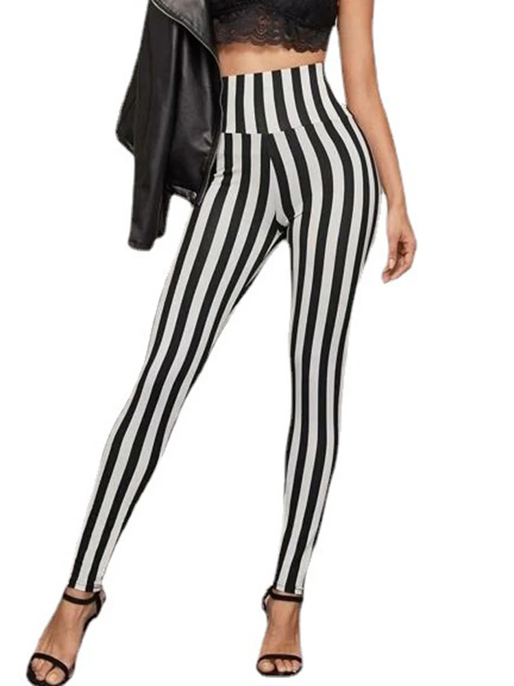 Black White Striped Printed Leggings Sexy Women Fashion High Waist Elastic Gym Workout Pencil Pants Fitness Jeggings