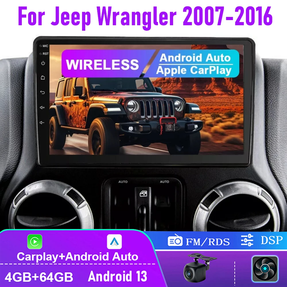 

For Jeep Wrangler 2007-2016 Apple Carplay Android Auto 10" 4-64GB Car Radio FM AM Head Unit