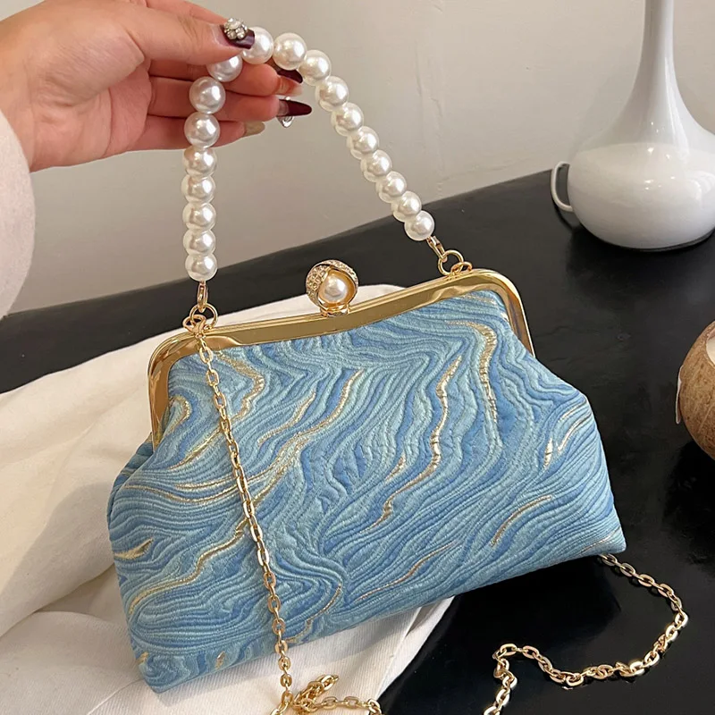 2024 New Elegant Women Silk Satin Evening Clutch Pearl Shell Clip Blue Chain Shoulder Bags Wedding Party Bridal Small Handbags