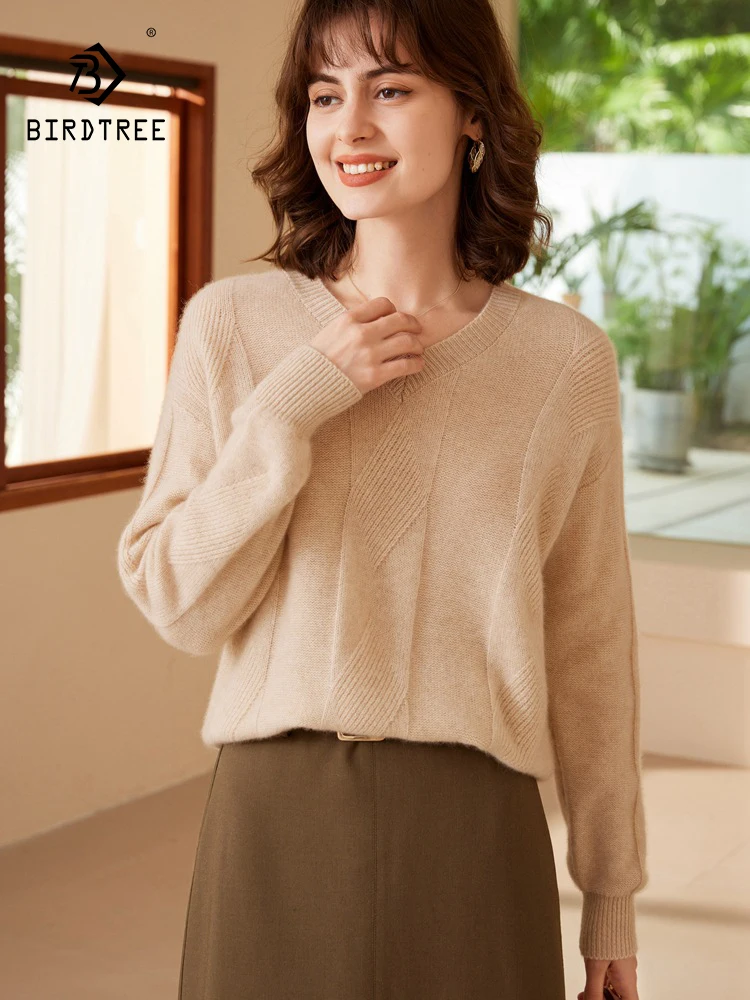 Birdtree，100% Cashmere Sweater， Women's Fried Dough Twists V-neck Vintage Pullover,2024 Autumn And Winter New Top  T48909KE