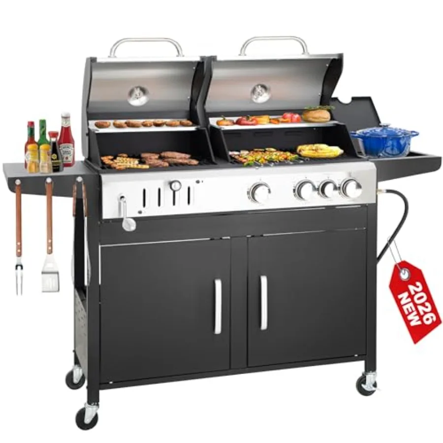 

3 Burner Propane Gas and Charcoal Grill Combo with Side Burner Porcelain-Enameled Cast Iron Grates 37 000 BTUs 685 SQIN Dual Fu