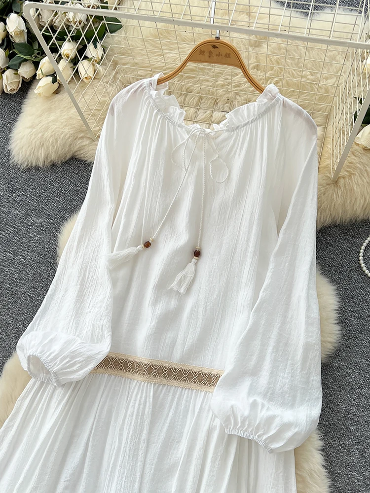 Spring Autumn Women\'s Vacation Long Sleeved Dress Bohemian Retro Loose A-line Large Swing Tassel Long Dress D46