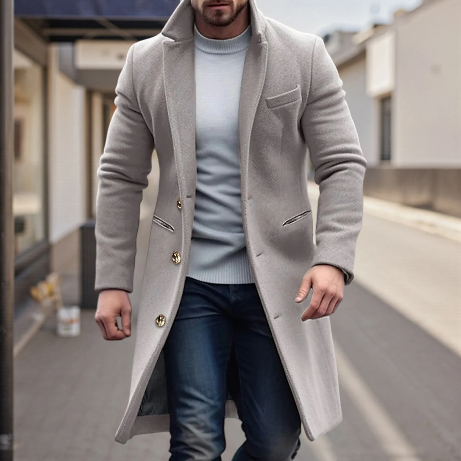 معطف رجالي بصدر واحد كاجوال بلون T دافئ وأكمام طويلة سترة شتوية لملابس الشارع الخارجية