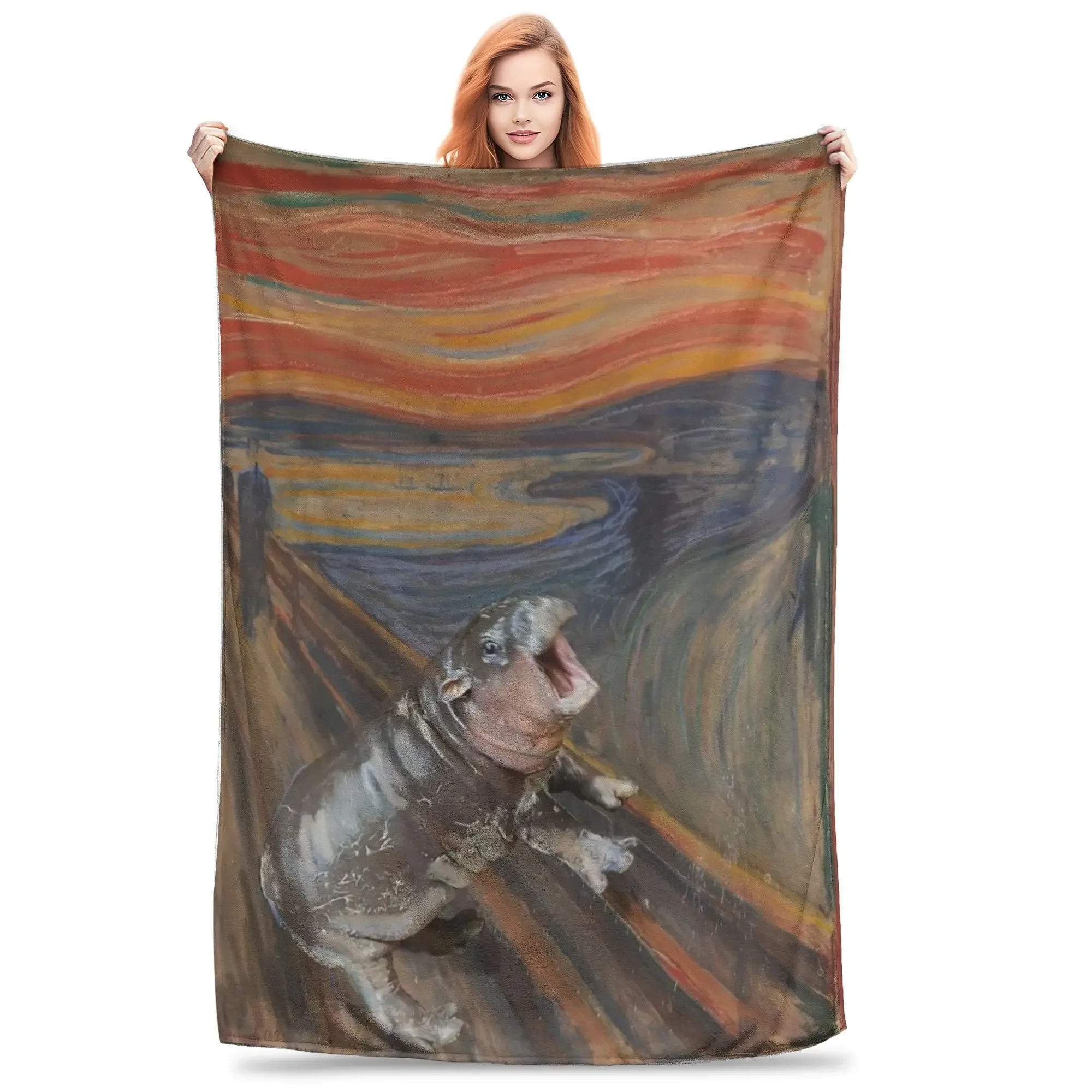 Moo Deng Vintage Art Painting Blanket Soft Warm Funny Animal Throw Blankets for Sofa 50x60 Inches Multiple Sizes Bedding Throws