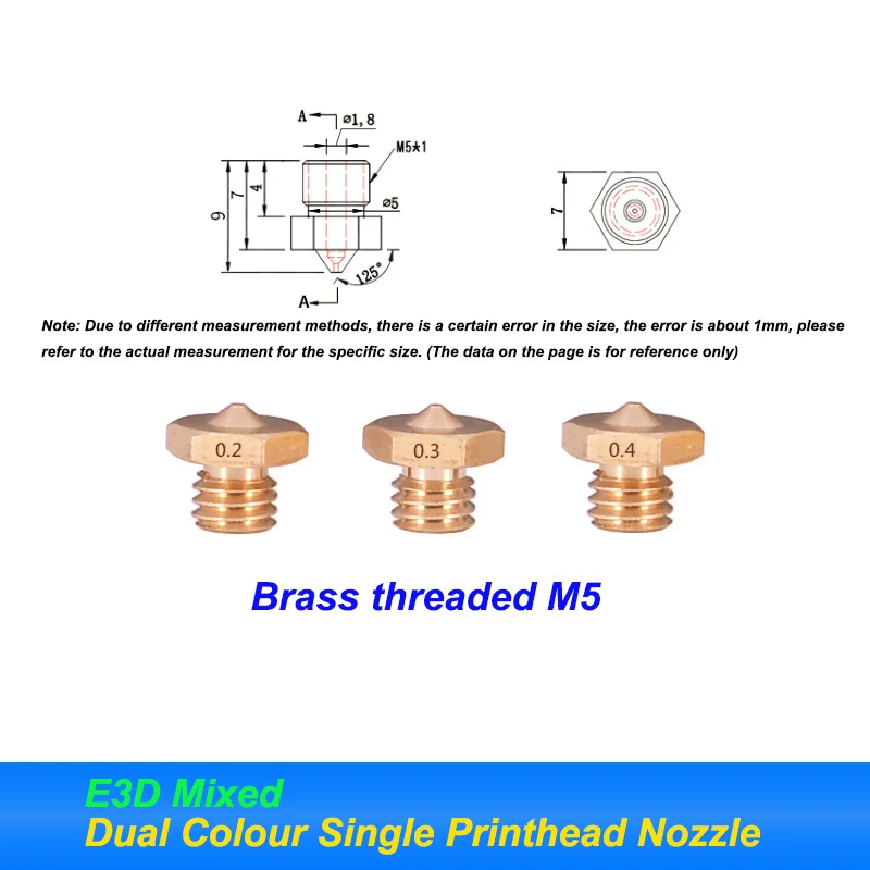 For 3D Accessories E3D Mixed / Two-Tone Single Nozzle Nozzle Brass Threaded M5 1.75/0.2/0.3/0.4mm Consumables