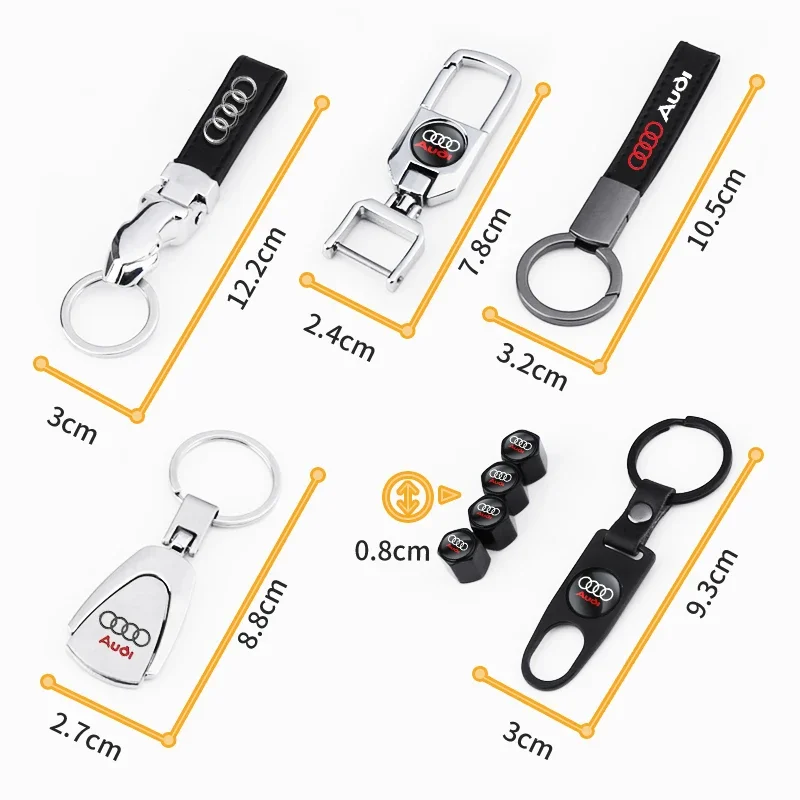 Metal e Couro Car Styling Keychain, Chaveiro Anéis Acessórios, 3D, Audi A4, B5, B6, A3, 8P, 8V, 8L, A5, A6, C6, C5, a1, A7, A8, Q2, Q3, TT