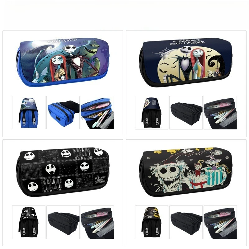 Étui à stylos Double couche imprimé The Nightmare Before Christmas, étui à stylos en toile à fermeture éclair de grande capacité, boîte de papeterie
