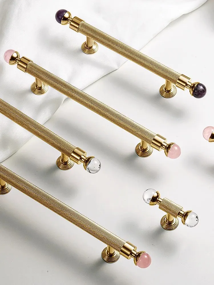 Solid Brass Knurl Pattern Kitchen Cabinet Handles Double-ended  Crystal Wardrobe Pulls T Bar Door Knob Luxury Furniture Hardware