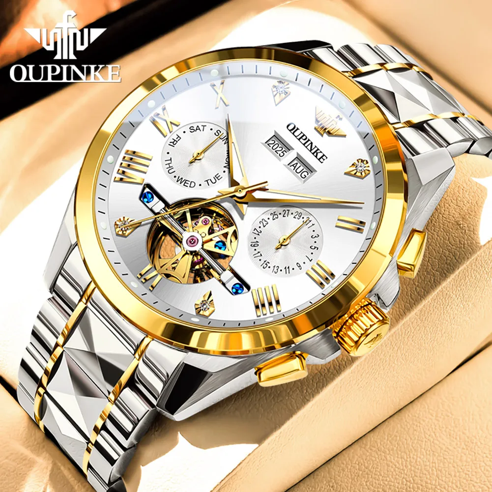 ساعات رجالية من OUPINKE 3240 من أفضل العلامات التجارية للأعمال من الفولاذ التنغستن ساعة ميكانيكية أوتوماتيكية أصلية للرجال بتقويم كامل