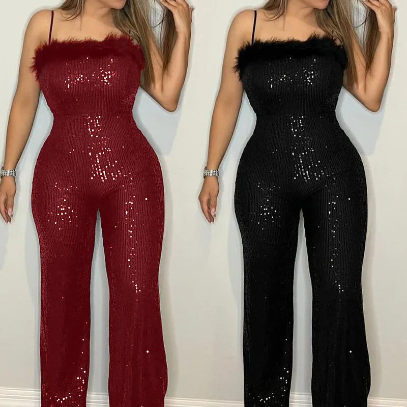 

Элегантные комбинезоны с открытыми плечами и блестящими пайетками, женские сексуальные тонкие длинные комбинезоны без рукавов, модные модные комбинезоны с перьями
