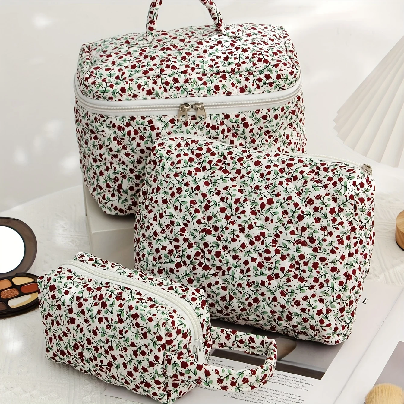 3 Pcs Cotton Quilted Makeup Bag Set,Floral Makeup Bag, Travel Makeup Bag,Large Toiletry Cosmetic Bag Makeup Bag Organizer