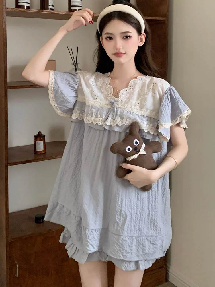 Summer Thin Pajamas For Women 2024 New Short Sleeves Shorts 2Pcs Female Home Sleepwear Sets Lace Ruffles Pullover Nightgown